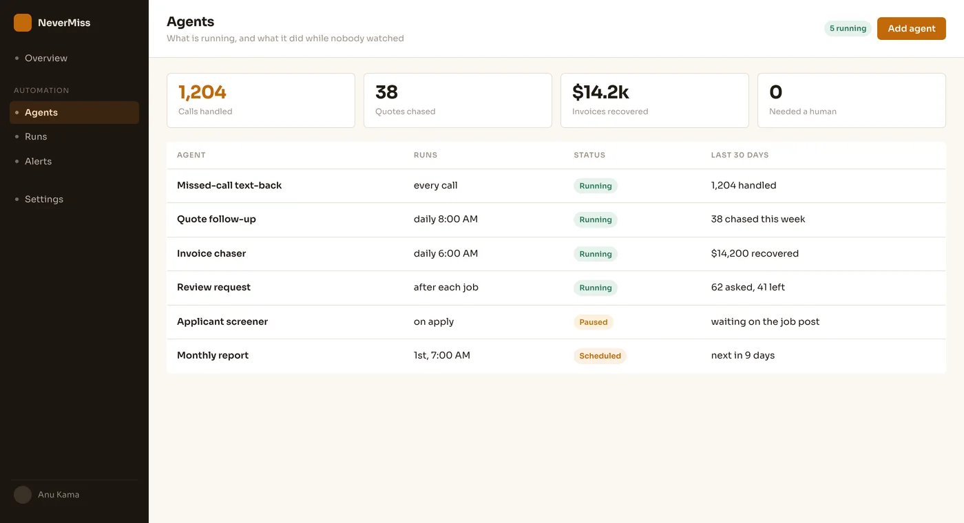 Scheduled and event triggered AI agents running on their own. Dummy data, no client information.