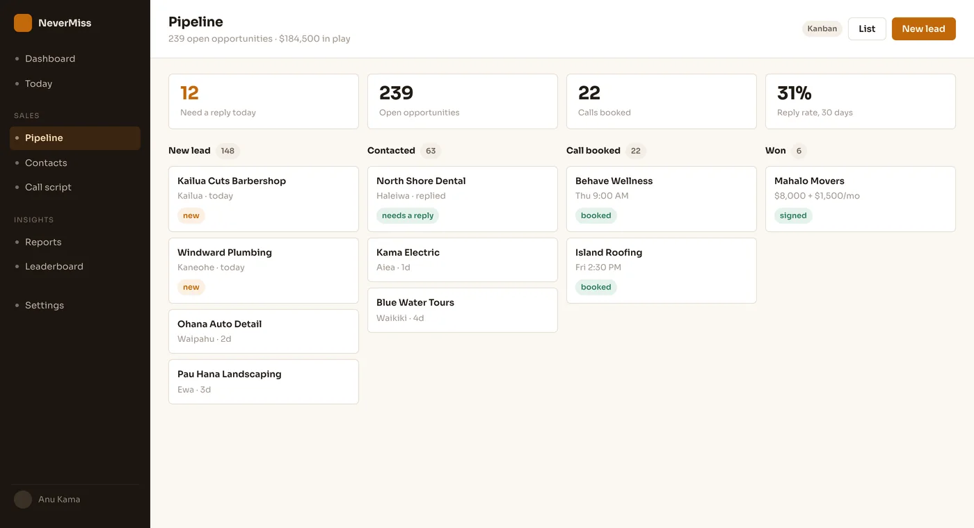The Sales Hub CRM: contacts, a drag and drop pipeline and an activity log. Dummy data, no client information.